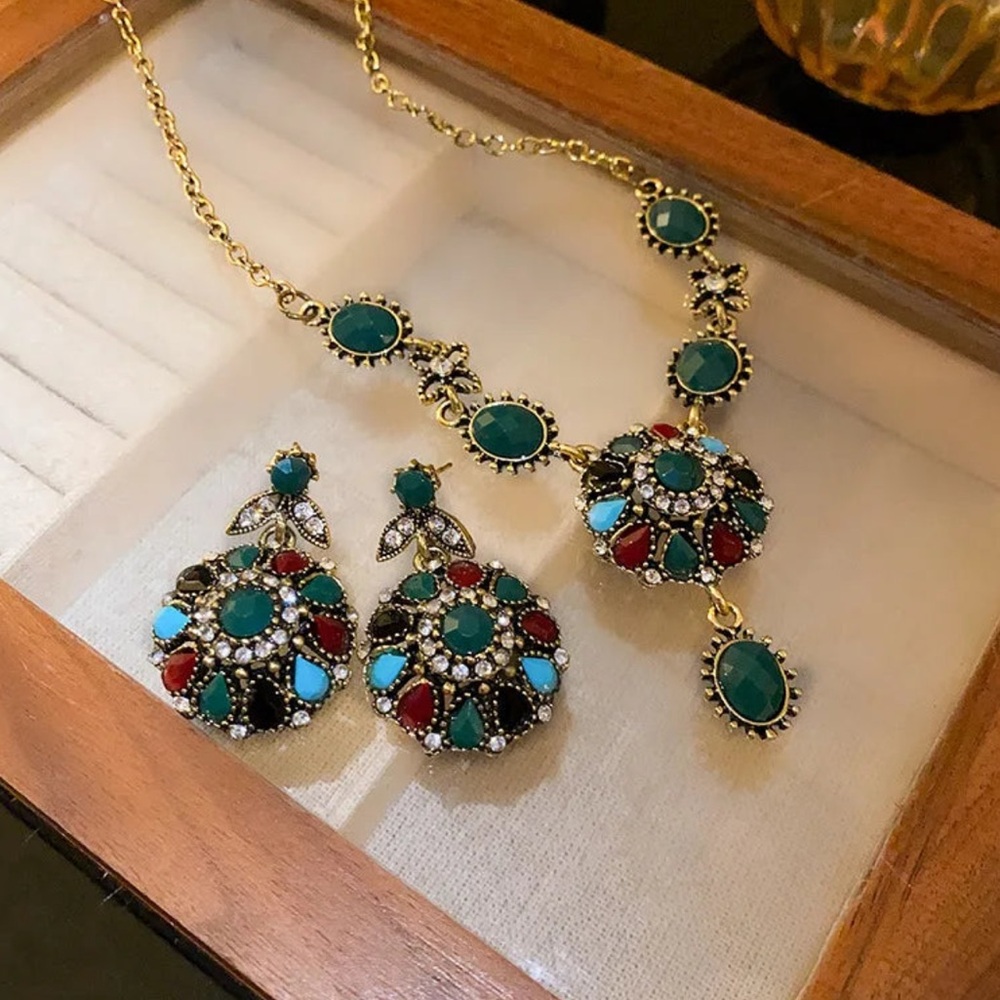 Boho Multi-Stone Vintage-Style Necklace and Earring Set